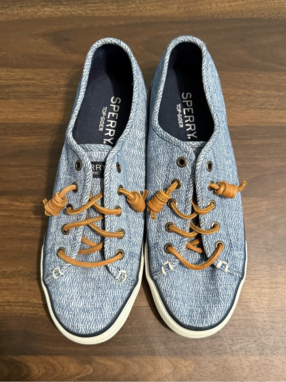Sperry Women's Light Blue Patterned Knit Sneakers with Tan Laces